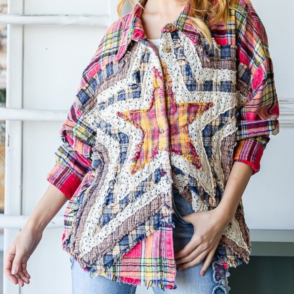 Oli & Hali Washed Star Plaid Shirt in Pink/Blue - Picture 2 of 5